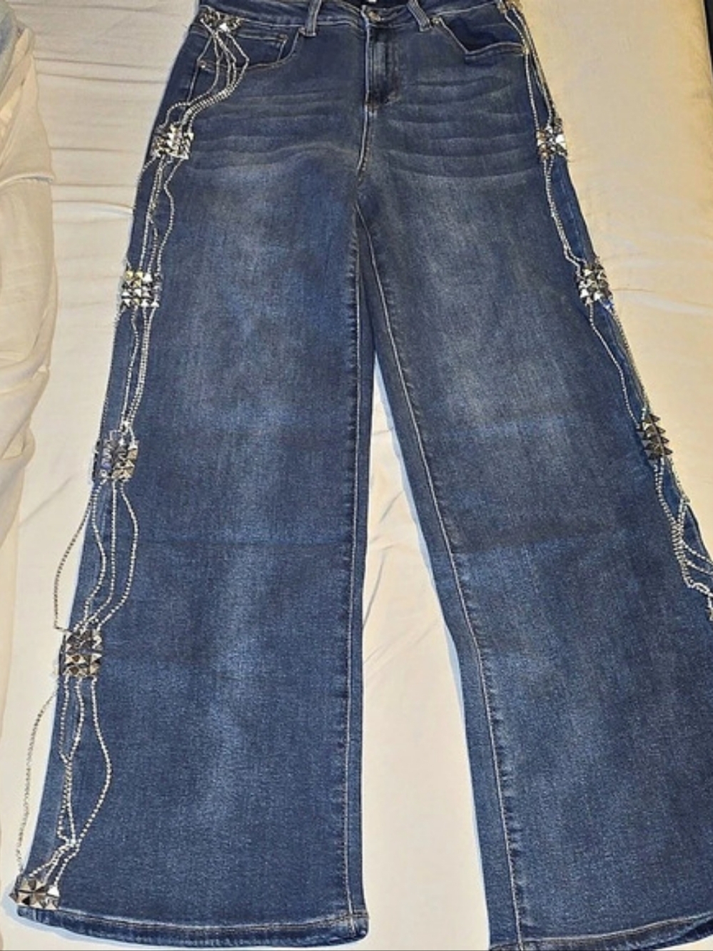 Nina Rossi Medium Wash Rhinestone Studded Bootcut Stretch Jeans - Women’s Size M